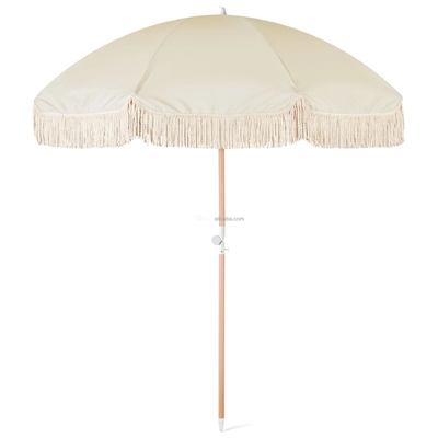 Portable 8 Feet Vintage Boho Sun Umbrella with Yellow Fringe and Wooden Pole