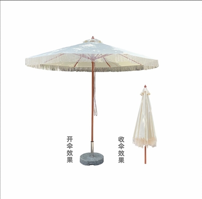 Hand Woven Tassel Outdoor Column Straight Umbrella with Wood Grain Aluminum Frame